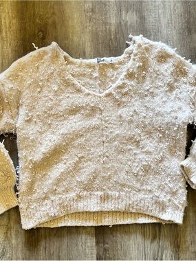 For Good Womens Beige Textured Knit V-Neck Long Sleeve Pullover Sweater Size S